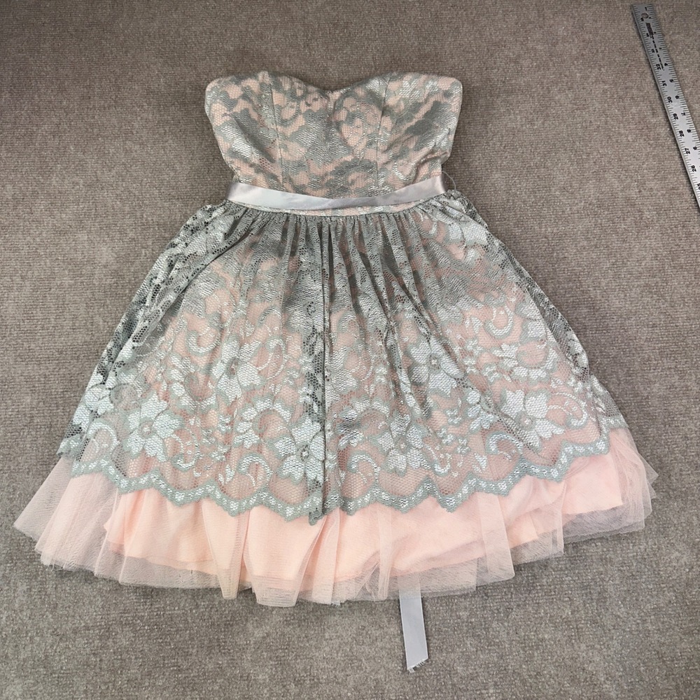 B. Darlin Pink Silver Lace Strapless Tulle Party homecoming Dress Size 1/2